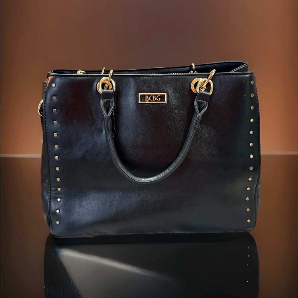 NwoT BCBG Black Vegan Leather Satchel/Handbag w/Gold Studs & Brass Hardware-EUC